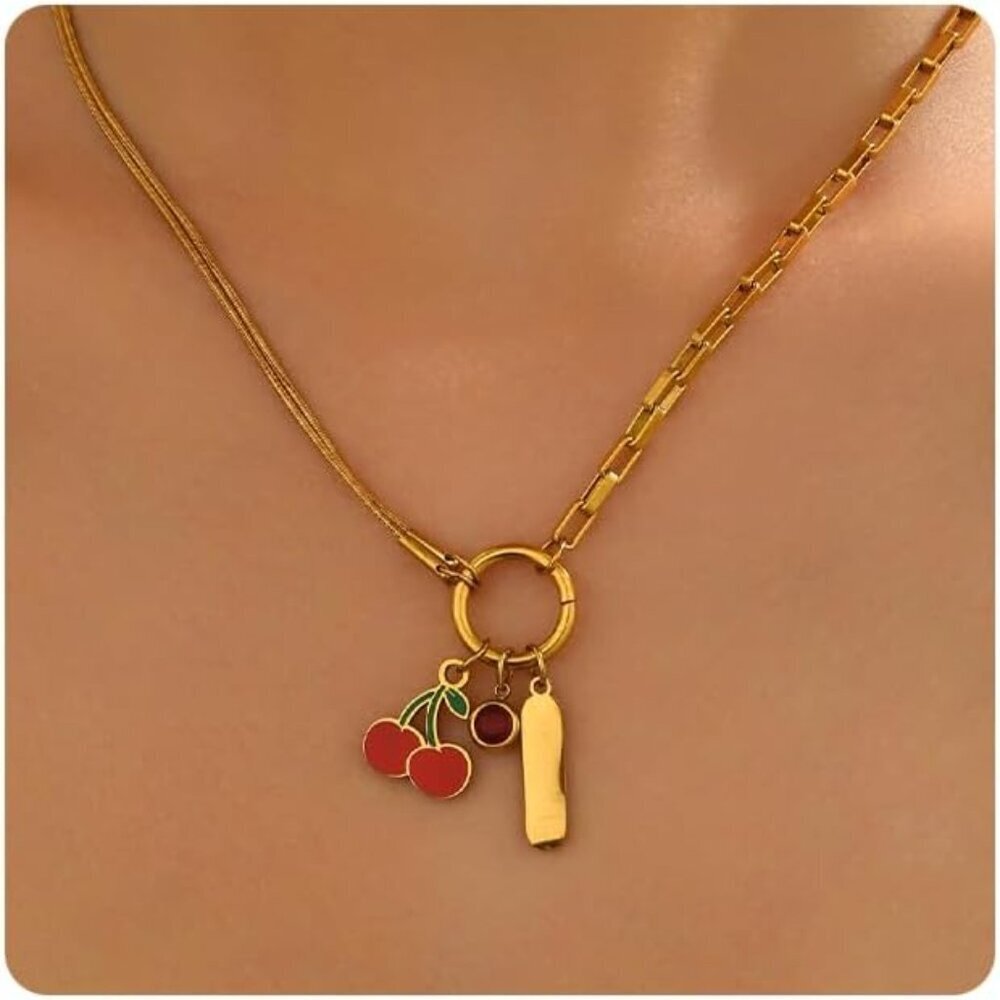 🆕 Women Gold Bow Pearl Choker Necklace Dainty Fruit Charms Cherry Cuban Jewelry